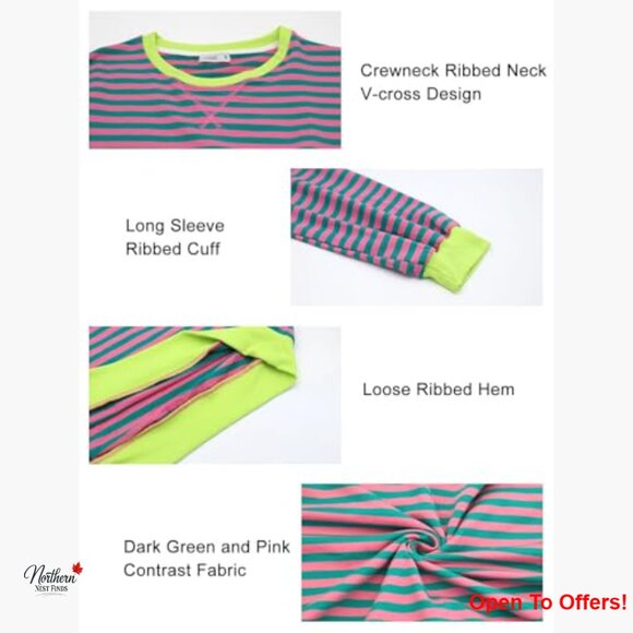 Cotton Striped Oversized Sweatshirt Long Sleeve Crewneck Pullover - Picture 5 of 7